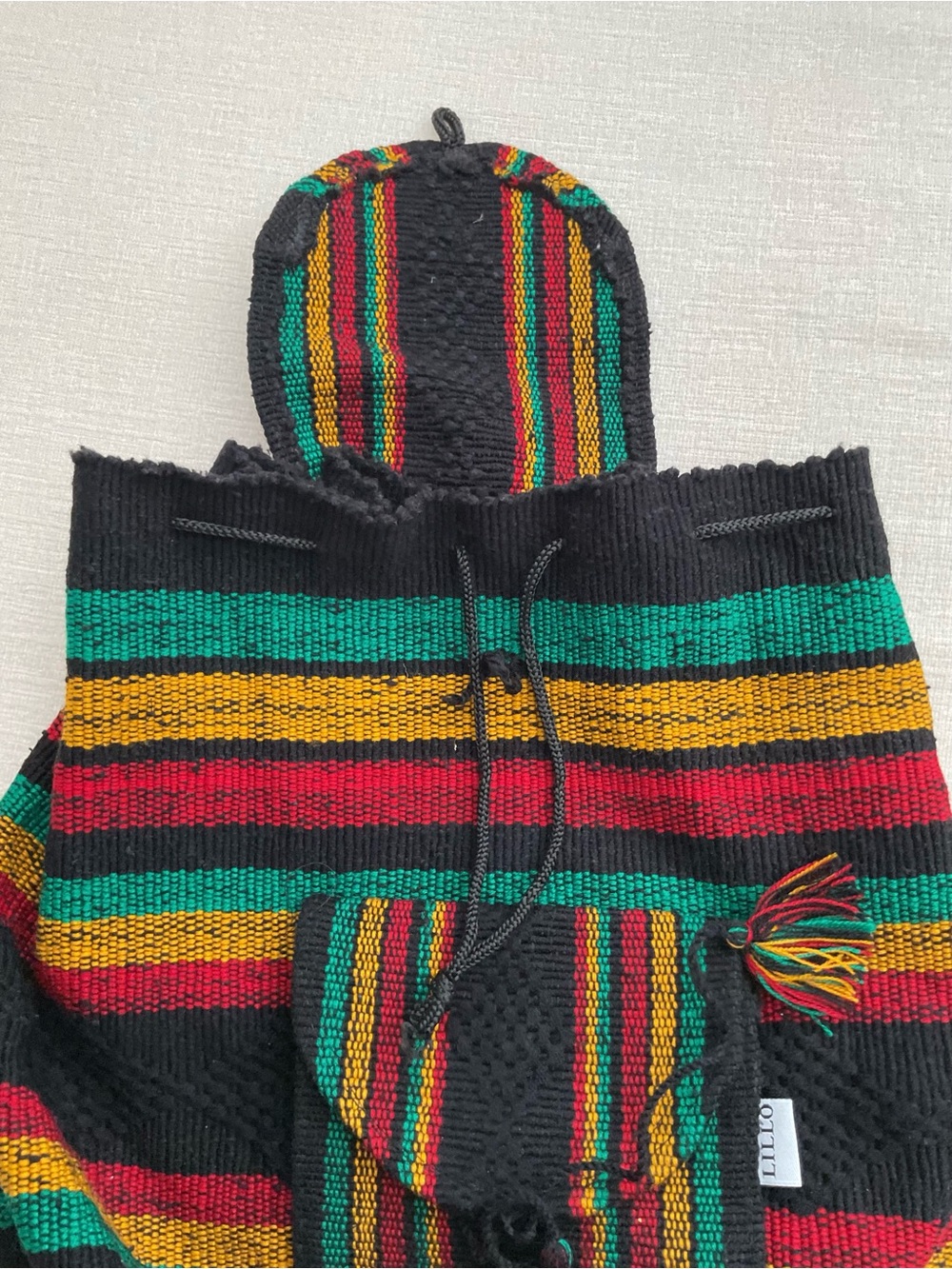 Handwoven Striped Hooded Backpack - Black with Red, Green & Gold - Picture 5 of 7